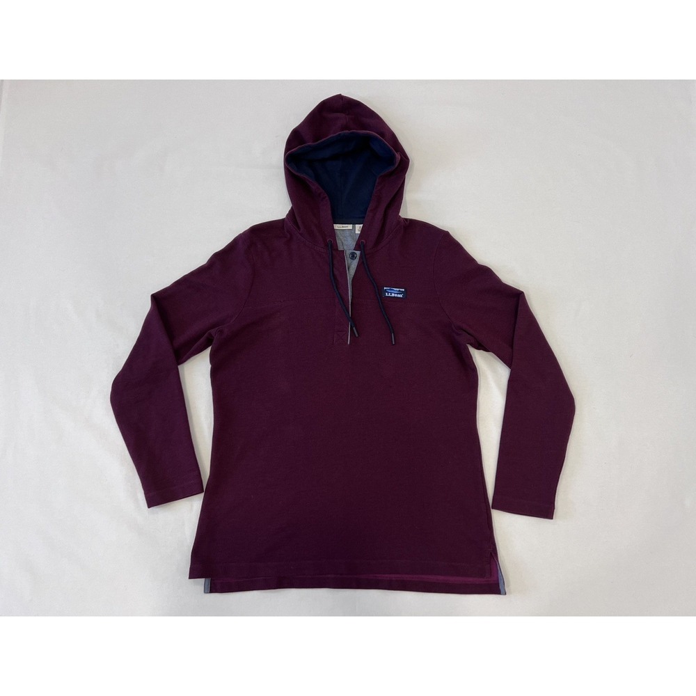 LL Bean Women's 1/4 Button Red Maroon Hoodie Henley Sweatshirt Drawstring Size M